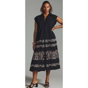 By Anthropologie Large Shirt Swing Midi Dress Black Cotton Embroidered Paisley